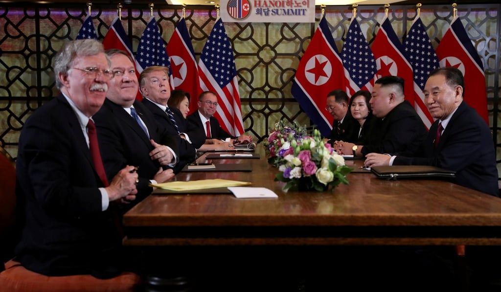 John Bolton, far left, during the second North Korea-US summit in Vietnam. Photo: Reuters John Bolton, far left, during the second North Korea-US summit in Vietnam. Photo: Reuters