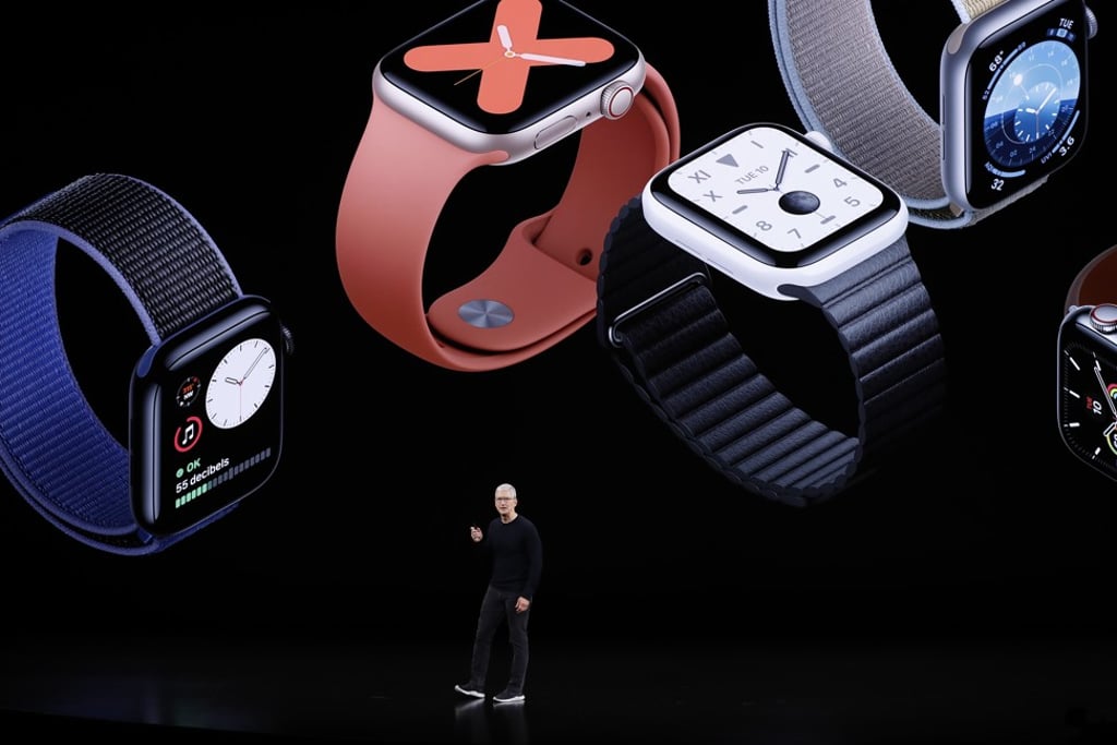 Tim Cook, CEO of Apple, discusses the company’s new Apple Watch Series 5 in California on Tuesday. Photo: Reuters