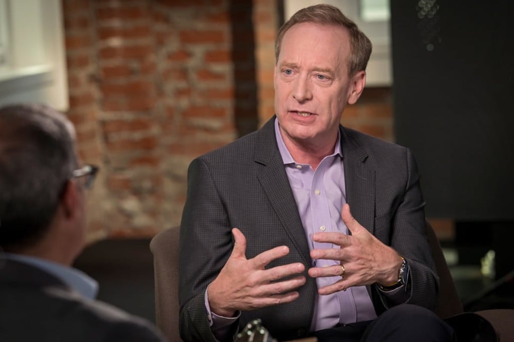 Brad Smith, president of Microsoft Corp, speaks during a Bloomberg Studio 1.0 television interview in San Francisco, California, on September 4. Smith discussed data privacy, China tariffs, immigration and the future direction of Microsoft. Photo: Bloomberg