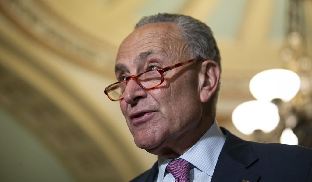 Senate Minority Leader Chuck Schumer speaks at a news conference on Tuesday. Photo: Bloomberg Senate Minority Leader Chuck Schumer speaks at a news conference on Tuesday. Photo: Bloomberg