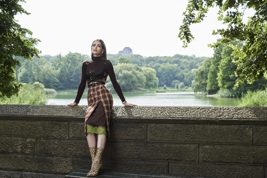 Versace dress, HK$28,500, skirt, HK$9,300, turtleneck, price on request; Zimmermann shoes, HK$7,450; Ben-Amun by Issac Manevitz bracelet (left), earrings, prices on request; Jennifer Fisher bracelet (right), price on request