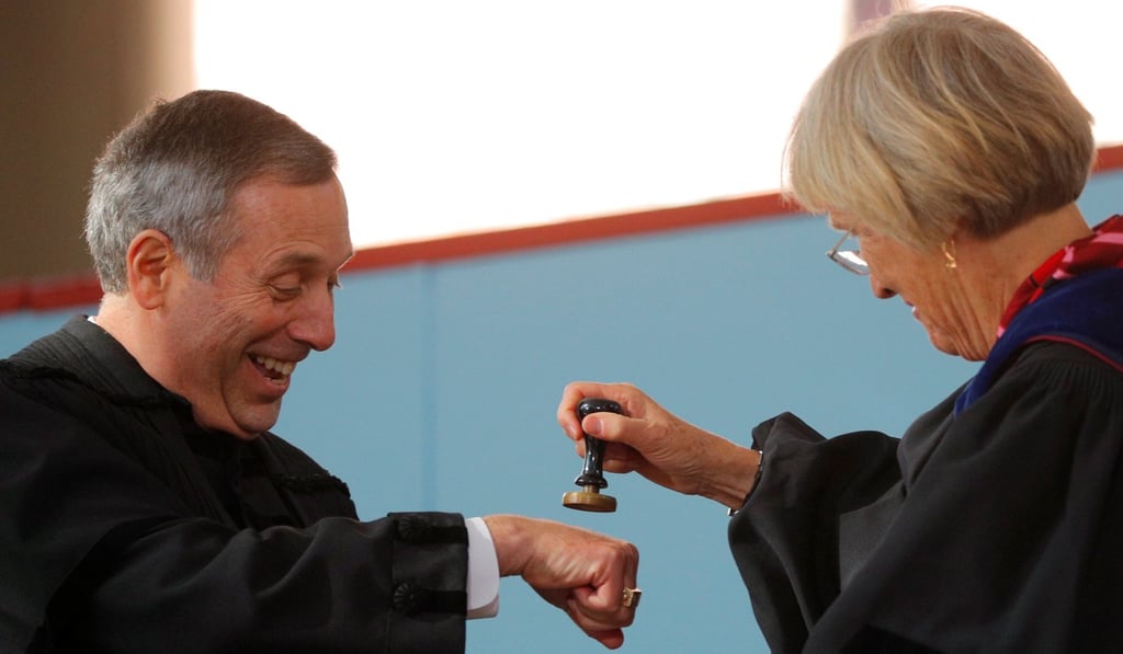 Former Harvard president Drew Faust, right, with current president Lawrence Bacow in October 2018. Photo: Reuters