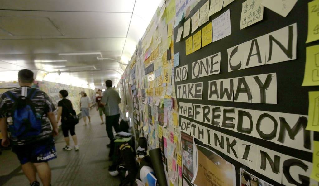 A so-called Lennon Wall in support of Hong Kong’s ongoing protests Saturday in Taipei. Photo: AP