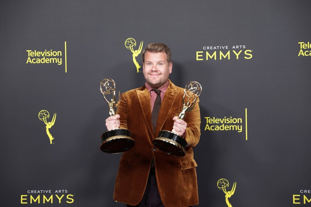 James Cordon poses with his Emmy for outstanding variety special (pre-recorded) for Carpool Karaoke: when Corden met McCartney live from Liverpool. Photo: Reuters