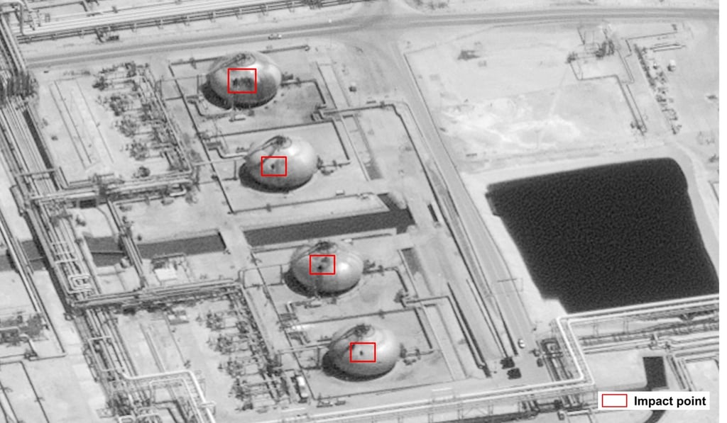 This image provided by the US government and DigitalGlobe and annotated by the source, shows damage to the infrastructure at Saudi Aramco's Abaqaiq oil processing facility in Buqyaq, Saudi Arabia. Photo: AP