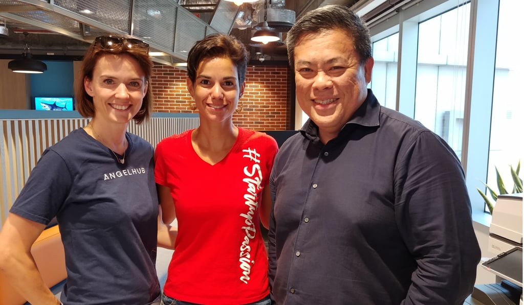 (From left) Karena Belin and Karen Contet Farzam, co-founders of AngelHub and WHub, with Alex Kong, founder and chief executive of TNG Fintech Group, which has invested in the Hong Kong-based start-ups. Photo: Enoch Yiu