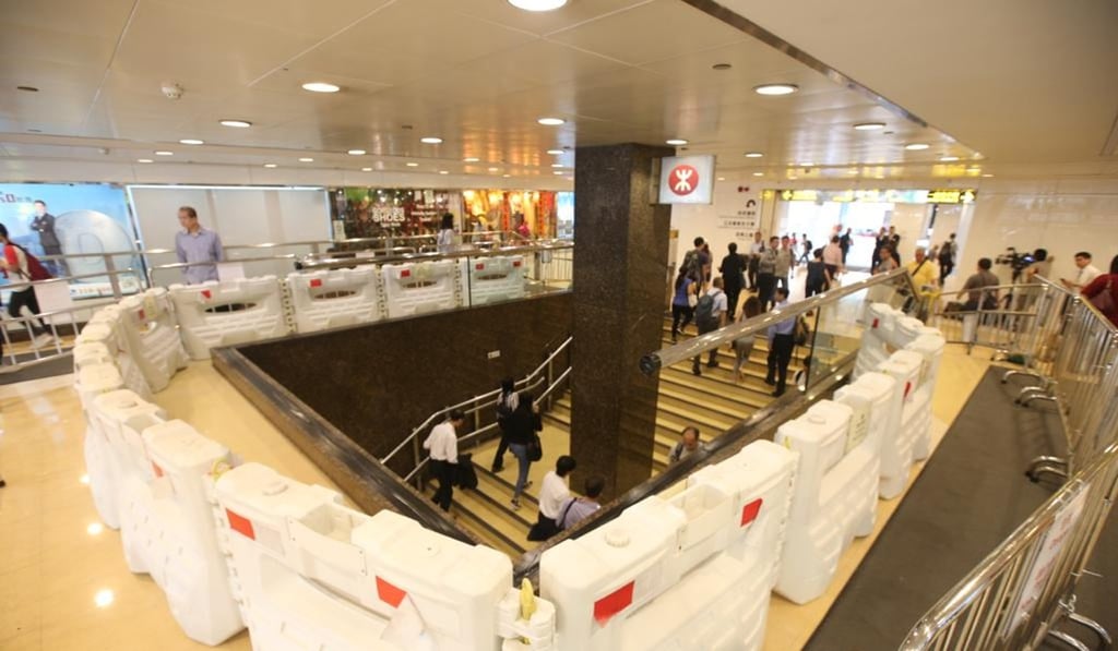 New makeshift barriers in place at Admiralty station after Sunday’s violence. Photo: David Wong