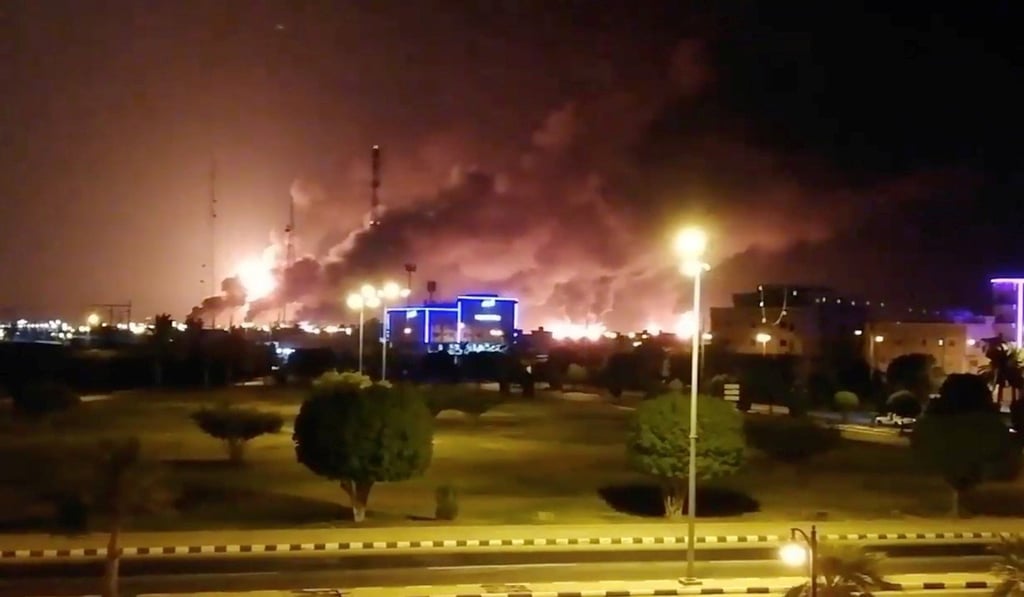 Smoke is seen following a fire at an Aramco factory in Abqaiq, Saudi Arabia, in this picture obtained from social media. Photo: Reuters