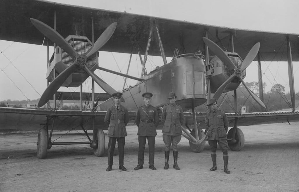 From left: Keith and Ross Smith, Jim Bennett and Wally Shiers with their Vickers Vimy.