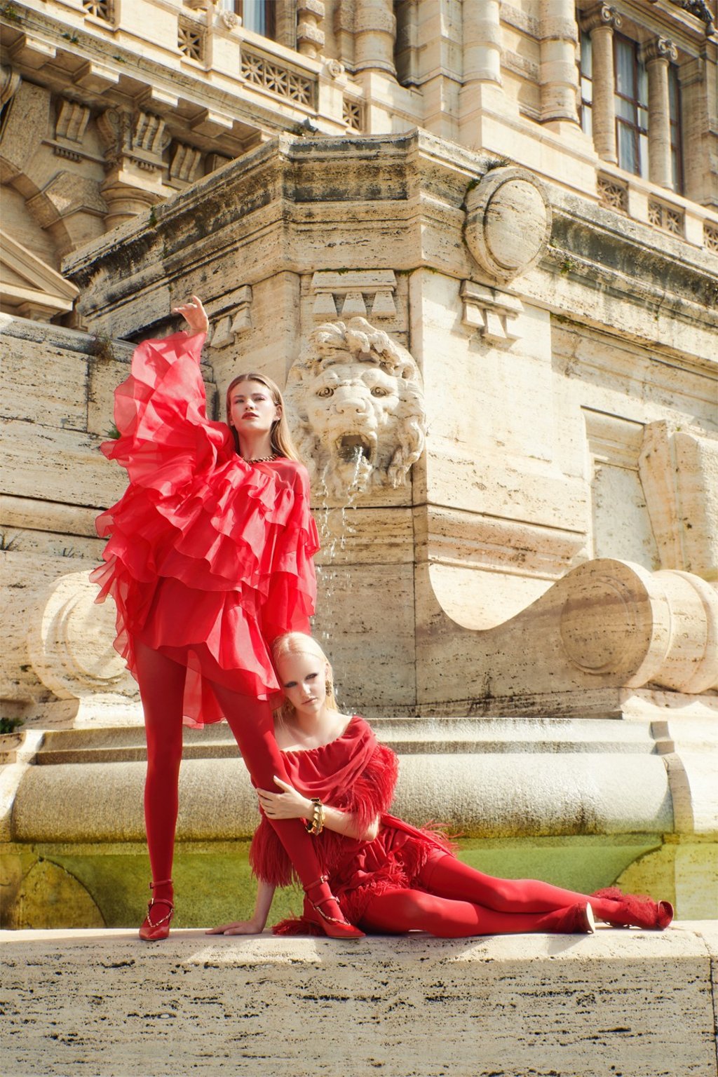 LEFT: Vanlentino dress, HK$47,000, shoes, HK$8,000; Roberto Cavalli necklace, HK$16,240; RIGHT: Blumarine dress, HK$28,540; Andrea Mondin sandals, HK$6,850; Calzedonia tights, price on request; Roberto Cavalli bracelet, HK$12,200, earrings, price on request