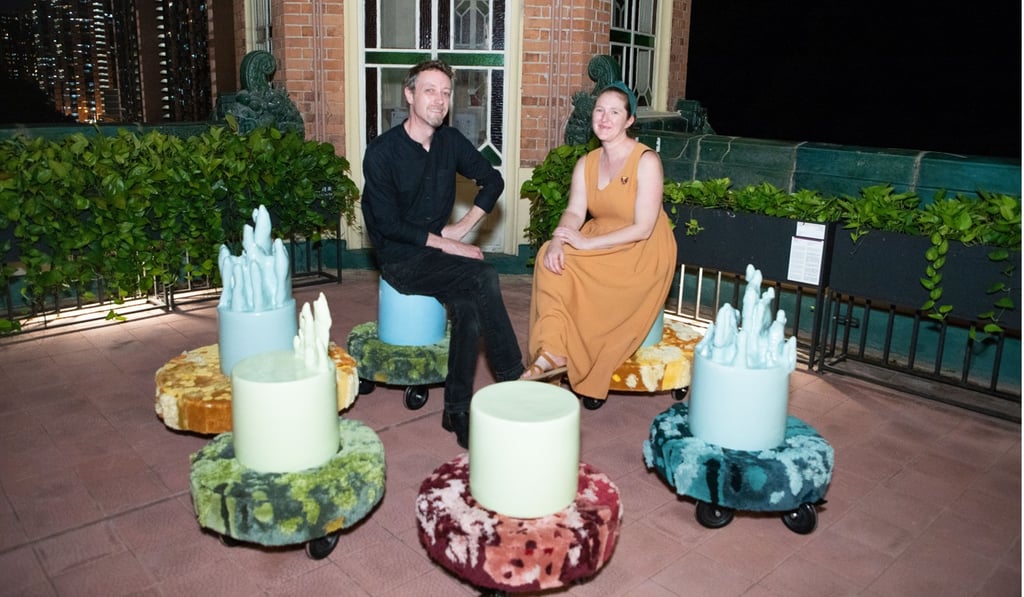 Jesse McLin (left) and Julie Progin worked with mentor Ho Puay-peng to create for the exhibition Terra Mobile – wheeled stools resembling miniature rock sculptures.
