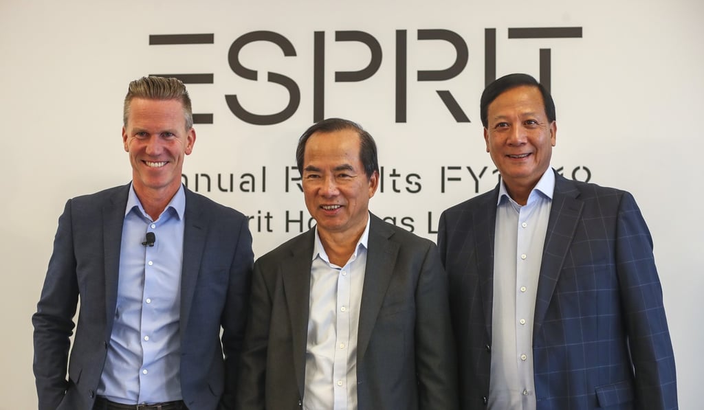 From left, Anders Kristiansen, chief executive of Esprit, Raymond Or Ching-fai, its executive chairman, and Thomas Tang Yung, the company’s executive director and group chief financial officer, at its annual results announcement on Wednesday. Photo: Winson Wong