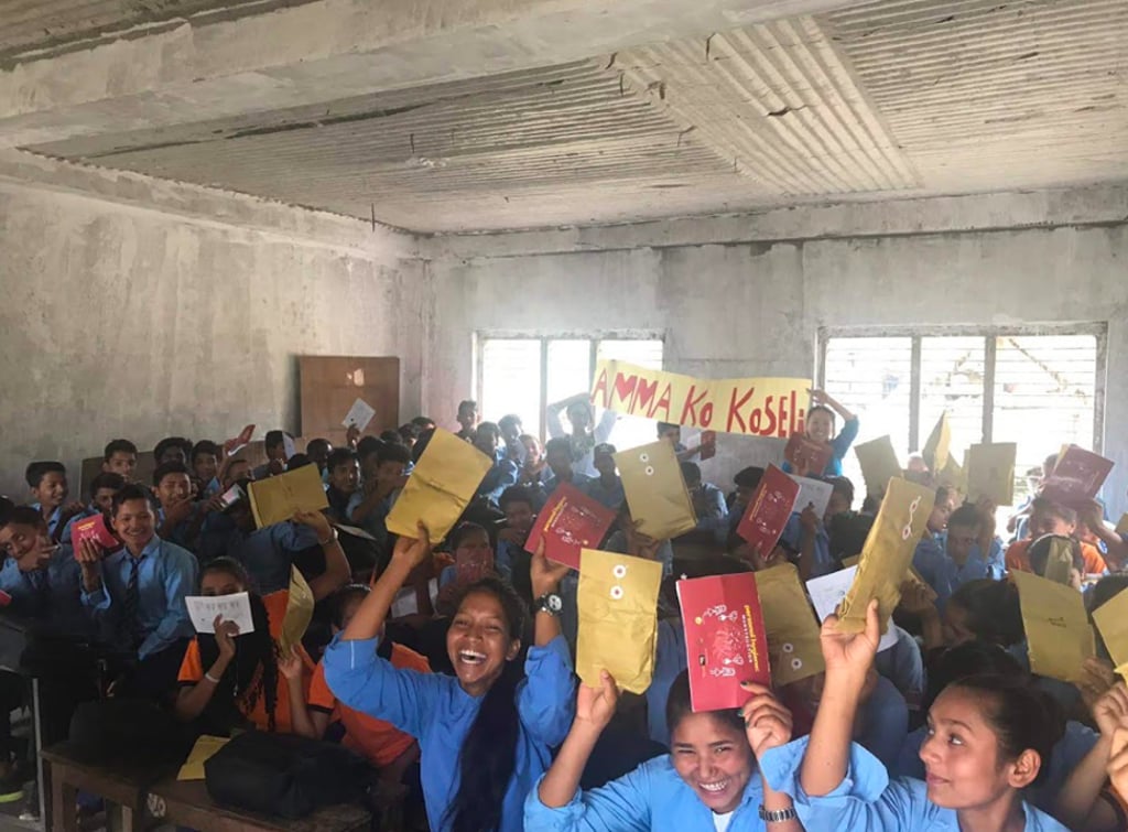 Students of Shree Jana Sirjana Higher Secondary School in Tatapani village in Nepal after a menstrual awareness workshop led by Aama Ko Koseli in which they received reusable sanitary pads. Students of Shree Jana Sirjana Higher Secondary School in Tatapani village in Nepal after a menstrual awareness workshop led by Aama Ko Koseli in which they received reusable sanitary pads.