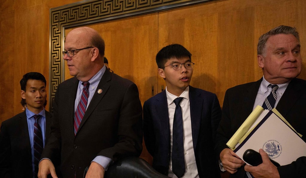 Brian Leung (far left) and Joshua Wong (third from left) appear at a congressional hearing on Tuesday as they appeal for support from US lawmakers. Photo: AFP Brian Leung (far left) and Joshua Wong (third from left) appear at a congressional hearing on Tuesday as they appeal for support from US lawmakers. Photo: AFP