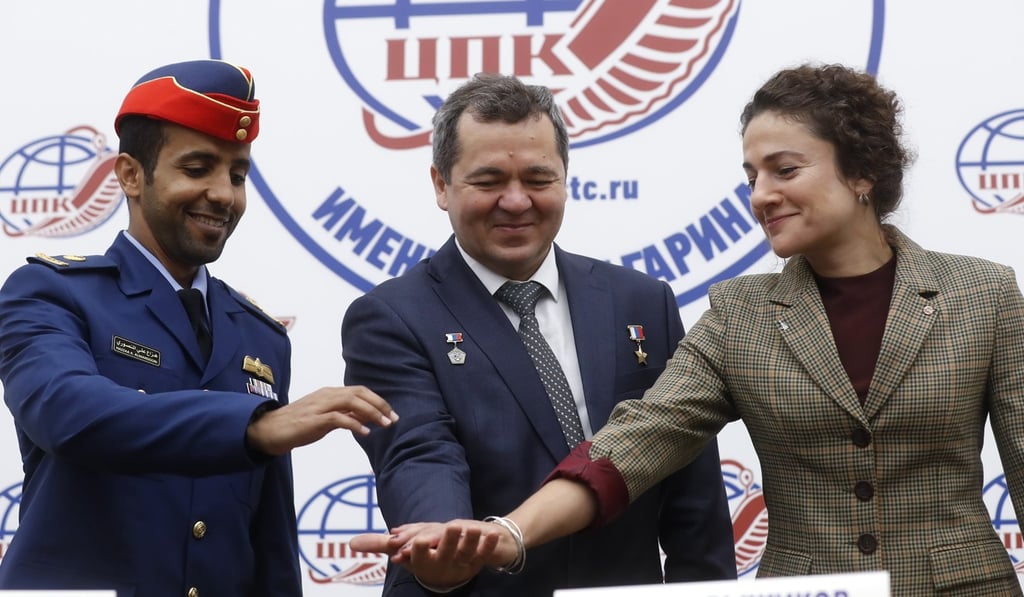 Members of the ISS expedition 61/62: UAE astronaut Hassa Al Mansouri, Roscosmos cosmonaut Oleg Skripochka and Nasa astronaut Jessica Meir. Photo: EPA-EFE Members of the ISS expedition 61/62: UAE astronaut Hassa Al Mansouri, Roscosmos cosmonaut Oleg Skripochka and Nasa astronaut Jessica Meir. Photo: EPA-EFE