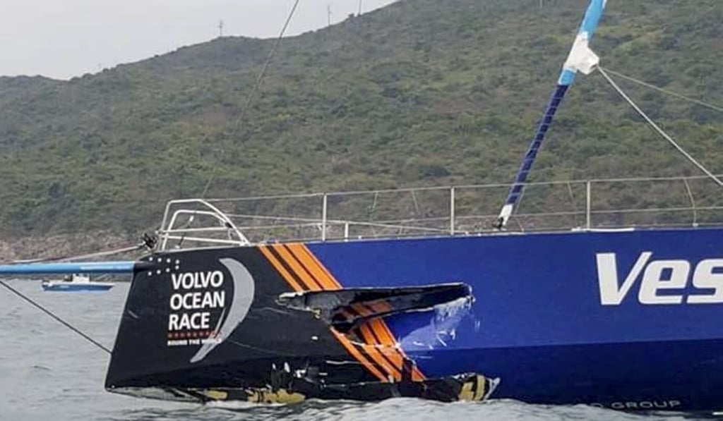 Damage to port side of Vestas 11th Hour after a collision with a fishing boat 30nm from the finish of Leg. Photo: Volvo Ocean Race