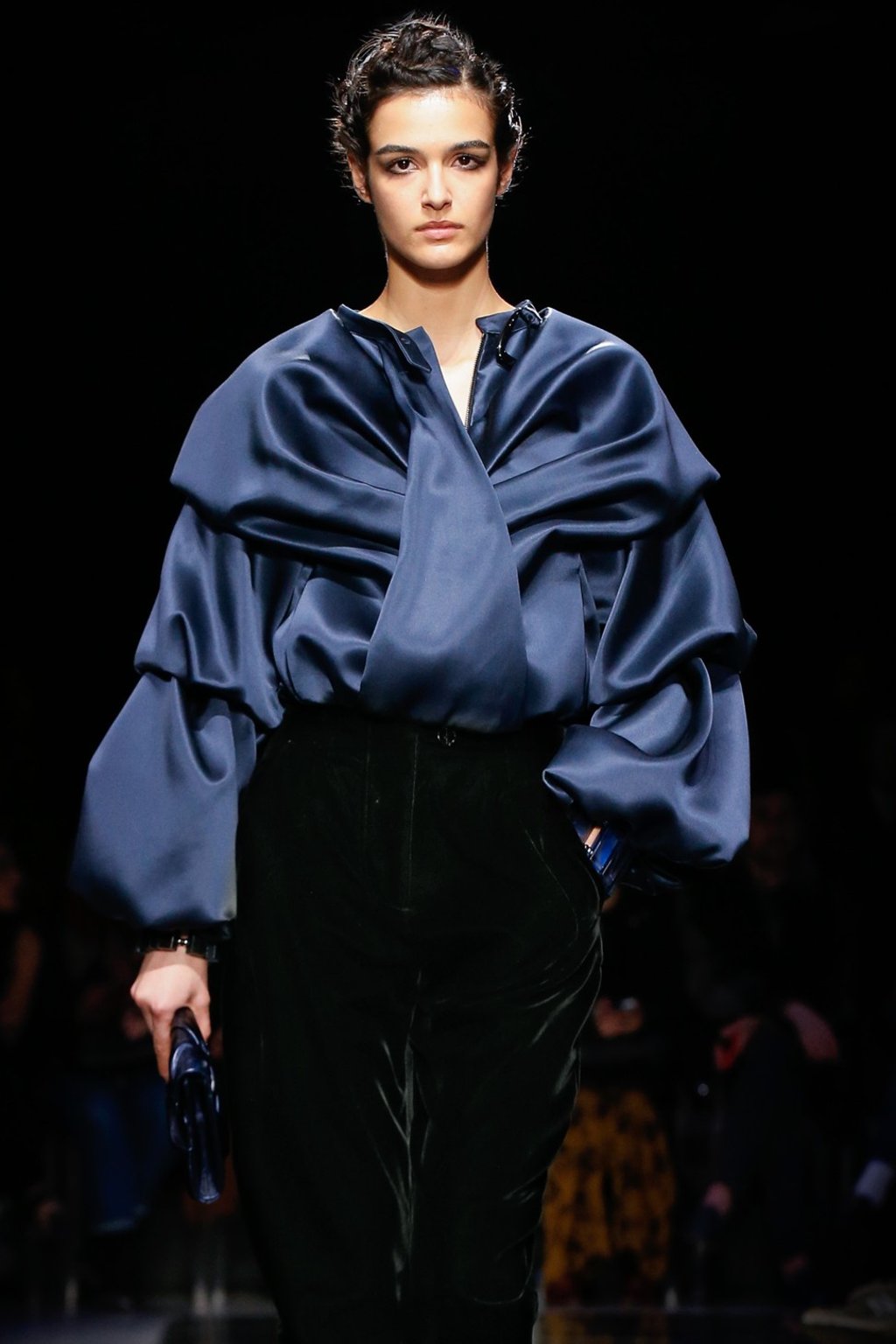 The Caban Coat, a satin crepe jacket with hidden zip, wide collar and frill-effect sleeves, at Giorgio Armani’s autumn/winter 2019 show The Caban Coat, a satin crepe jacket with hidden zip, wide collar and frill-effect sleeves, at Giorgio Armani’s autumn/winter 2019 show
