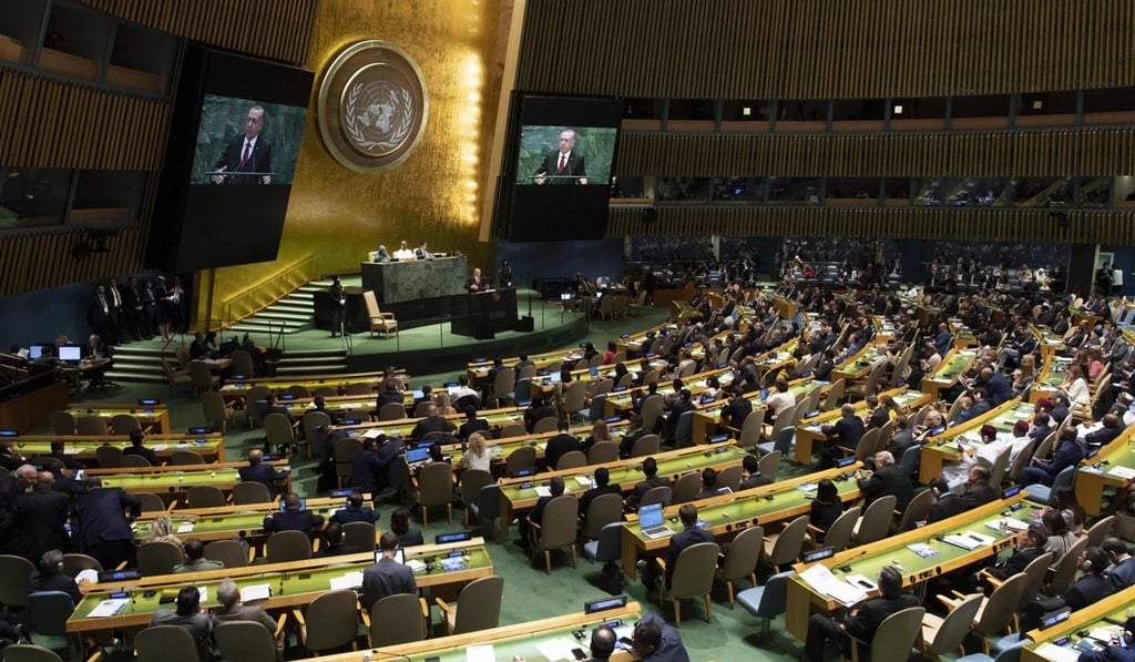 Turkey's President Recep Tayyip Erdogan speaks during the 74th session of the United Nations General Assembly in New York on Tuesday. Photo: AFP
