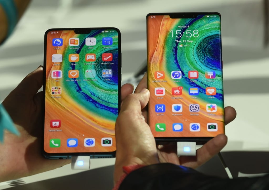 The new flagship Mate 30 series smartphones from Huawei Technologies are put on display after the Chinese telecoms equipment giant’s product launch in Munich, Germany, on September 19. Photo: Agence France-Presse