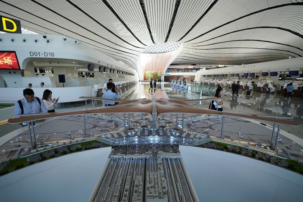 The building model placed at the terminal of Daxing International Airport in Beijing, China, which was designed by the late Zaha Hadid. Photo: Ju Huanzong/Xinhua