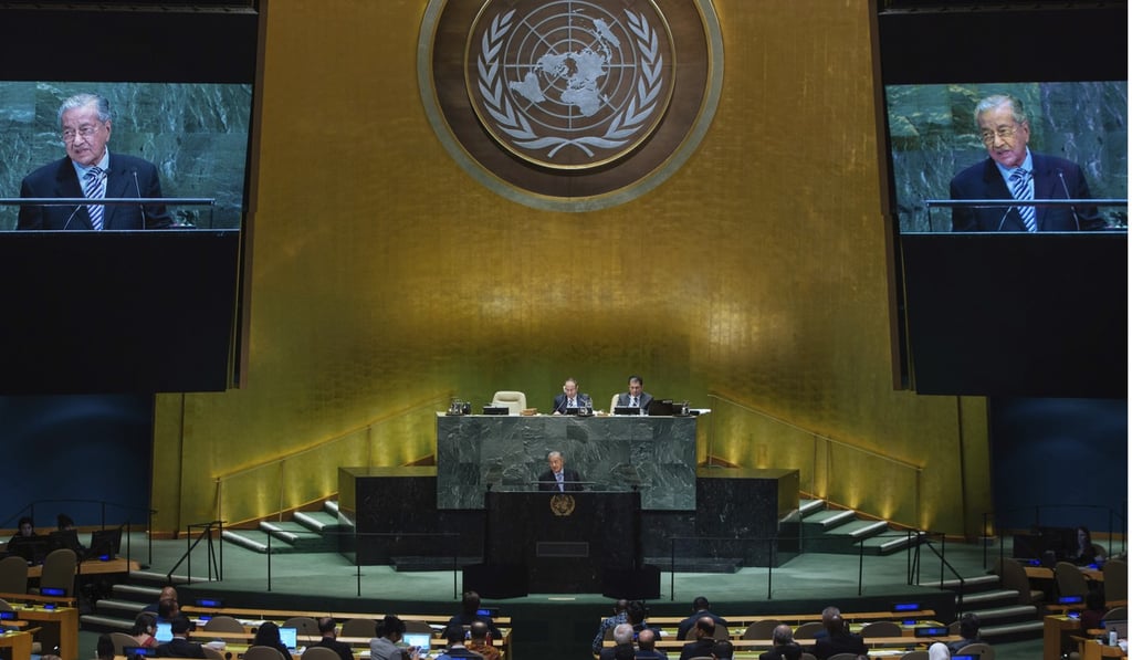 Mahathir speaks at the UN headquarters in New York. Photo: AP Mahathir speaks at the UN headquarters in New York. Photo: AP
