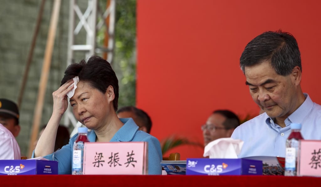 Chief Executive Carrie Lam Cheng Yuet-ngor with Leung Chun-ying, a former chief executive, last month. Photo: SCMP