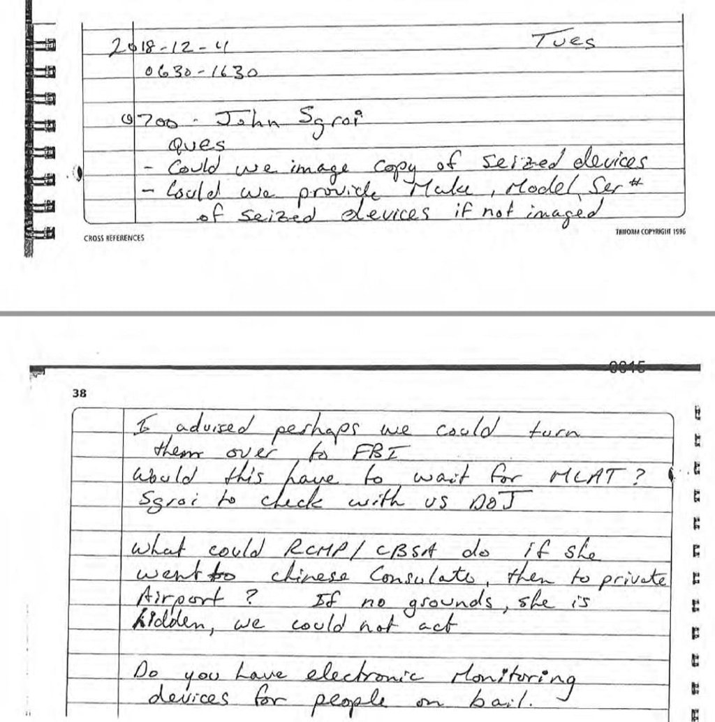 Handwritten notes by Royal Canadian Mounted Police Sergeant Peter Lea, regarding Huawei executive Meng Wanzhou. The notes were released on Monday. Photo: BC Supreme Court