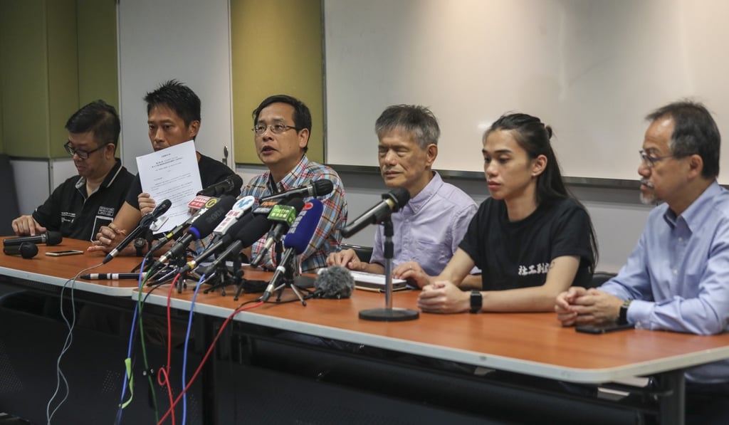 (From left) Eric Cheung, Parents United Hong Kong; Lun Chi-wai, Hong Kong Social Workers' General Union; Ip Kin-yuen, education sector lawmaker; Chong Chan-yau; Lau Ka-tung Reclaiming Social Work Movement and Fernando Cheung, lawmaker. Photo: Xiaomei Chen