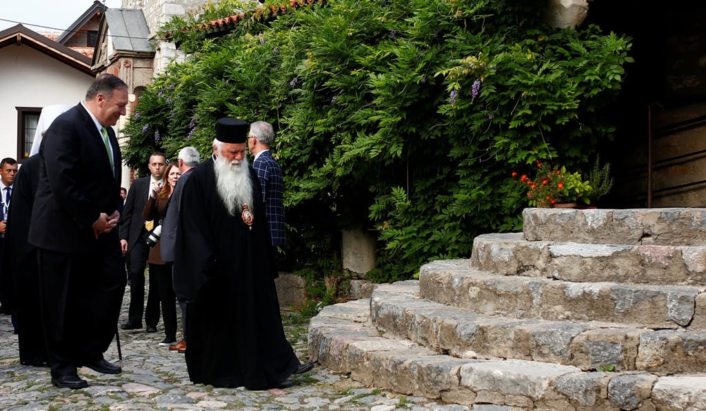 US Secretary of State Mike Pompeo (left) visits the Holy Mary Perybleptos monastery complex in Ohrid, North Macedonia, on Friday. Photo: Reuters US Secretary of State Mike Pompeo (left) visits the Holy Mary Perybleptos monastery complex in Ohrid, North Macedonia, on Friday. Photo: Reuters