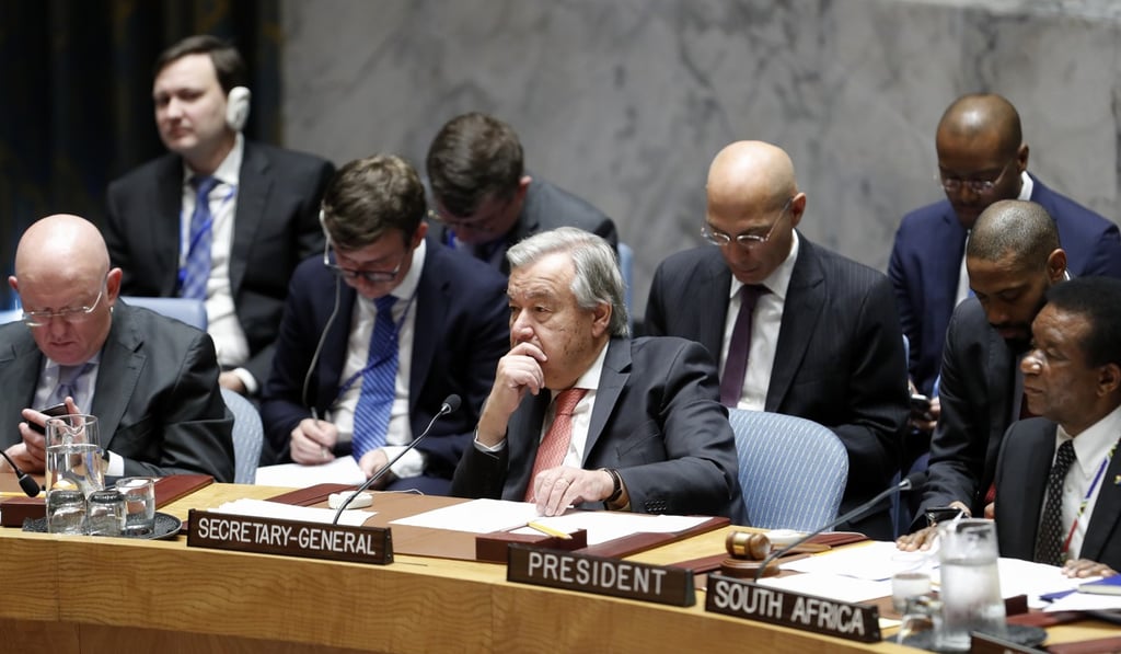 UN Secretary-General Antonio Guterres (centre) attends a Security Council open debate on peace and security in Africa at the UN headquarters in New York on Monday. Photo: Xinhua