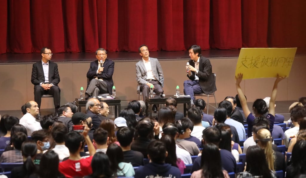 Vice-Chancellor Rocky Tuan Sung-chi (second left) of Chinese University on Thursday meets students and alumni for a dialogue session in Sha Tin. Photo: K.Y. Cheng