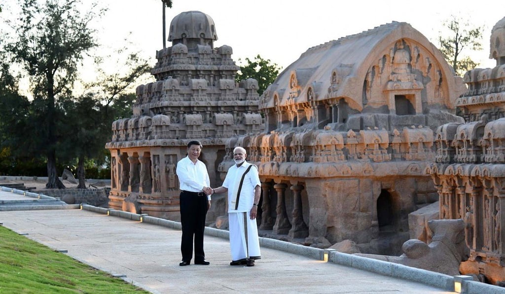Indian PM Narendra Modi and Chinese President Xi Jinping at the famous five chariots monument in Mamallapuram. Photo: Press Information Bureau via EPA-EFE Indian PM Narendra Modi and Chinese President Xi Jinping at the famous five chariots monument in Mamallapuram. Photo: Press Information Bureau via EPA-EFE
