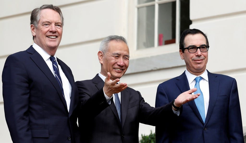 Liu He (centre), Robert Lighthizer (left) and Steve Mnuchin (right) held “candid, efficient and constructive” discussions, according to Xinhua. Photo: Reuters Liu He (centre), Robert Lighthizer (left) and Steve Mnuchin (right) held “candid, efficient and constructive” discussions, according to Xinhua. Photo: Reuters