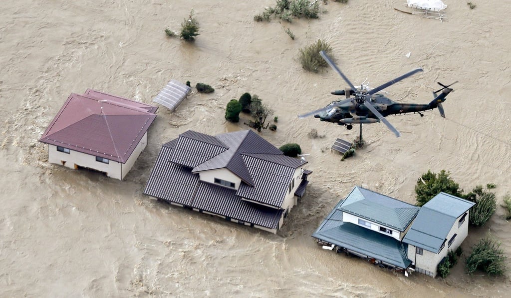 Houses in Nagano, central Japan, submerged after the Chikuma River overflowed due to Typhoon Hagibis. Photo: Kyodo Houses in Nagano, central Japan, submerged after the Chikuma River overflowed due to Typhoon Hagibis. Photo: Kyodo