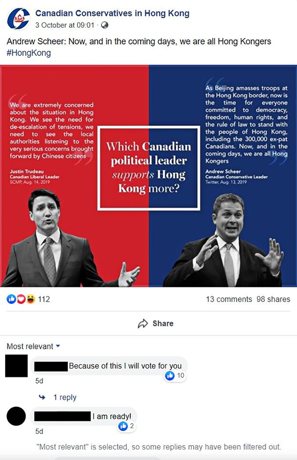 The Facebook page of Canadian Conservatives in Hong Kong.