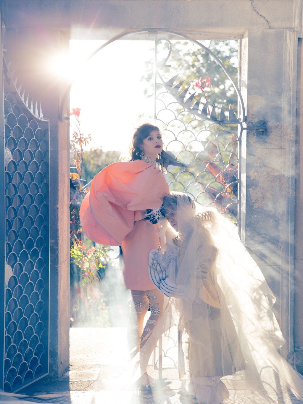 Givenchy dress, HK$36,500 (US$4,654); Cheng made-to-order leggings, price on request; Area shoes, HK$4,650 (US$593); Chanel necklace, HK$55,900 (US$7,127); right earrings, price on request; left earrings, HK$13,000 (US$1,657) and The Attico gloves, HK$8,140 (US$1,038).