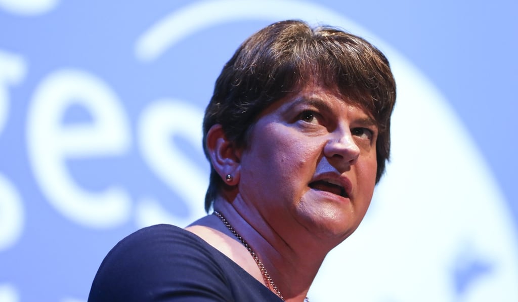 Arlene Foster, leader of the Northern Ireland's Democratic Unionist Party, speaking at the annual Conservative Party conference in Manchester, England, in September. Photo: Bloomberg Arlene Foster, leader of the Northern Ireland's Democratic Unionist Party, speaking at the annual Conservative Party conference in Manchester, England, in September. Photo: Bloomberg