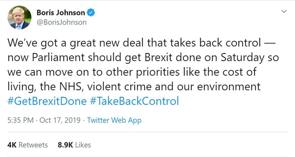 Boris Johnson said Britain has struck a deal that ‘takes back control’. Photo: Twitter