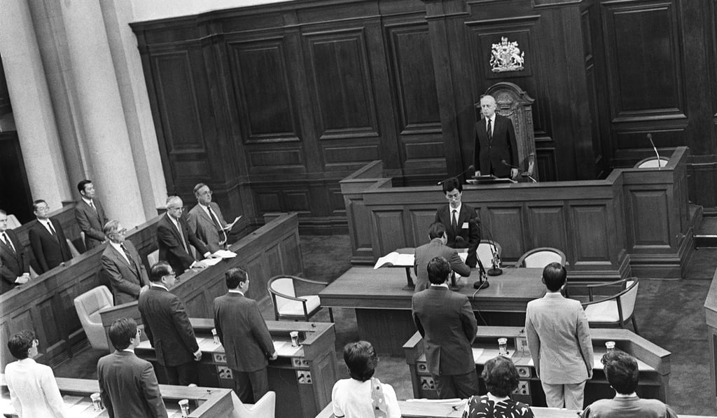 Then Hong Kong governor Edward Youde opens the 1985-86 session of the Legislative Council in October 1985. In the colonial era, Hong Kong never had a fully locally elected legislative body to formulate its own laws. Photo: SCMP Pictures