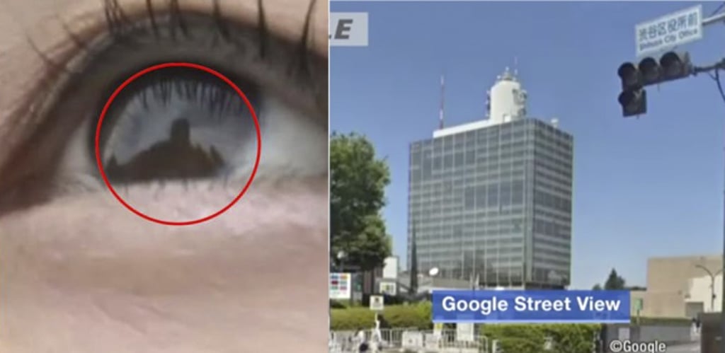 Japanese idol Ena Matsuoka was attacked outside her home last month after a fan figured out her address from selfies she posted on social media by zooming in on the reflection on her pupils (left) and Google Street View (right).