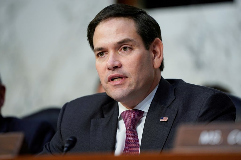 Florida Republican Senator Marco Rubio questions witnesses before the Senate Intelligence Committee hearing about