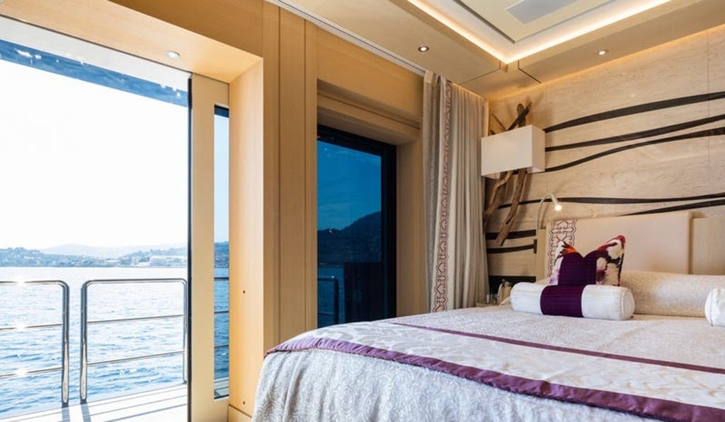 The yacht features a number of over-the-top amenities, including a beach club, swimming pool, plunge pool, experiential showers and a spa with a sauna, a Turkish bath and a massage room. The yacht features a number of over-the-top amenities, including a beach club, swimming pool, plunge pool, experiential showers and a spa with a sauna, a Turkish bath and a massage room.