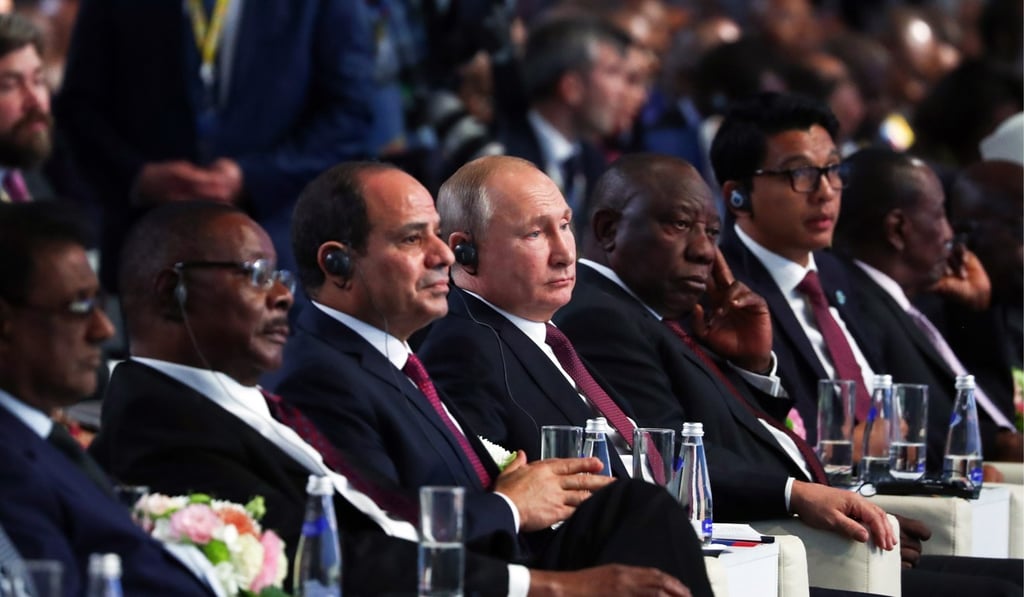 epa07942578 A handout photo made available by Tass Host Photo Agency shows Egypt's President Abdel Fattah al-Sisi (third from left) and Russian President Vladimir Putin (fourth from left) at the summit. Photo: EPA-EFE