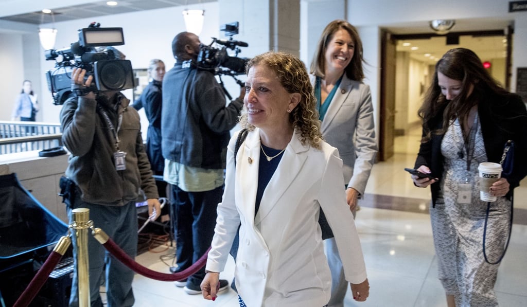 Congresswoman Debbie Wasserman Schultz steps out of a closed-door meeting where former US ambassador William Taylor is testifying as part of the impeachment inquiry into President Donald Trump on Capitol Hill on Tuesday. Photo: AP