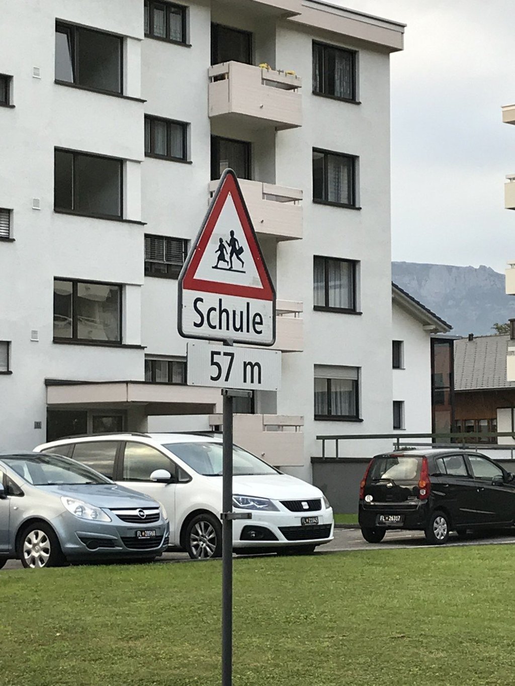 A very precise sign indicating the site of a school, in Vaduz. Photo: Mark Footer
