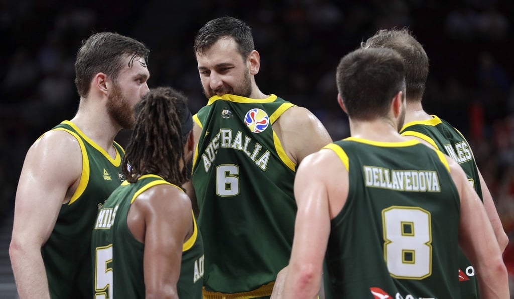 Andrew Bogut of Australia (centre) during their semi-final loss to Spain in the Fiba Basketball World Cup in Beijing. Photo: AP