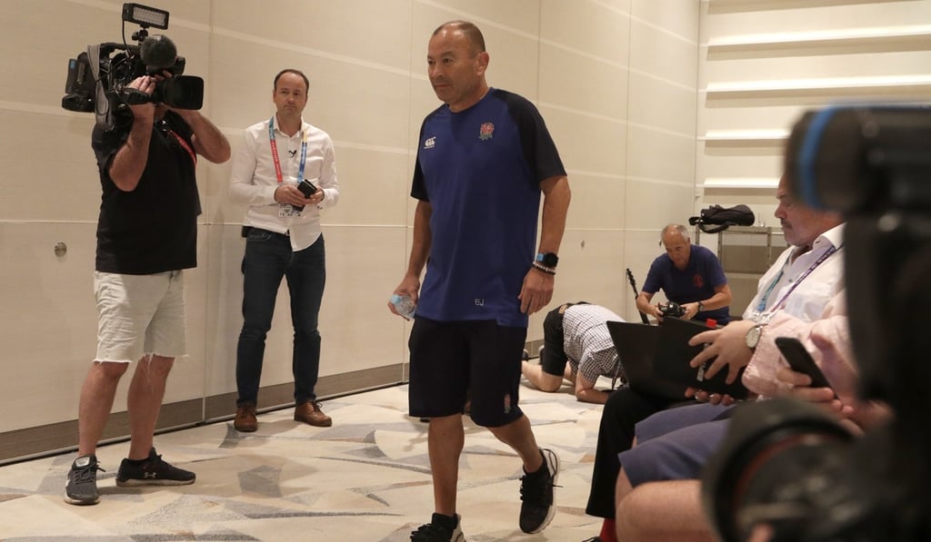 England coach Eddie Jones walking into his last press conference in Tokyo before the Rugby World Cup final. Photo: AP England coach Eddie Jones walking into his last press conference in Tokyo before the Rugby World Cup final. Photo: AP