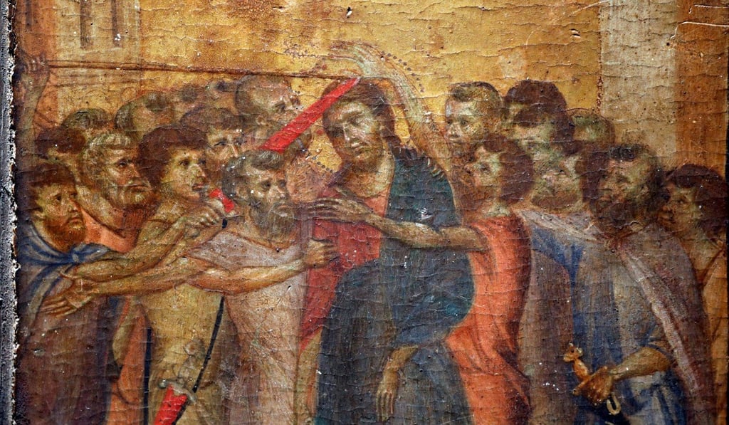A part of the painting Christ Mocked, a long-lost masterpiece by Renaissance artist Cimabue, which was found months ago hanging in an elderly woman's kitchen in the town of Compiegne, is seen in Paris in September. Photo: Reuters A part of the painting Christ Mocked, a long-lost masterpiece by Renaissance artist Cimabue, which was found months ago hanging in an elderly woman's kitchen in the town of Compiegne, is seen in Paris in September. Photo: Reuters