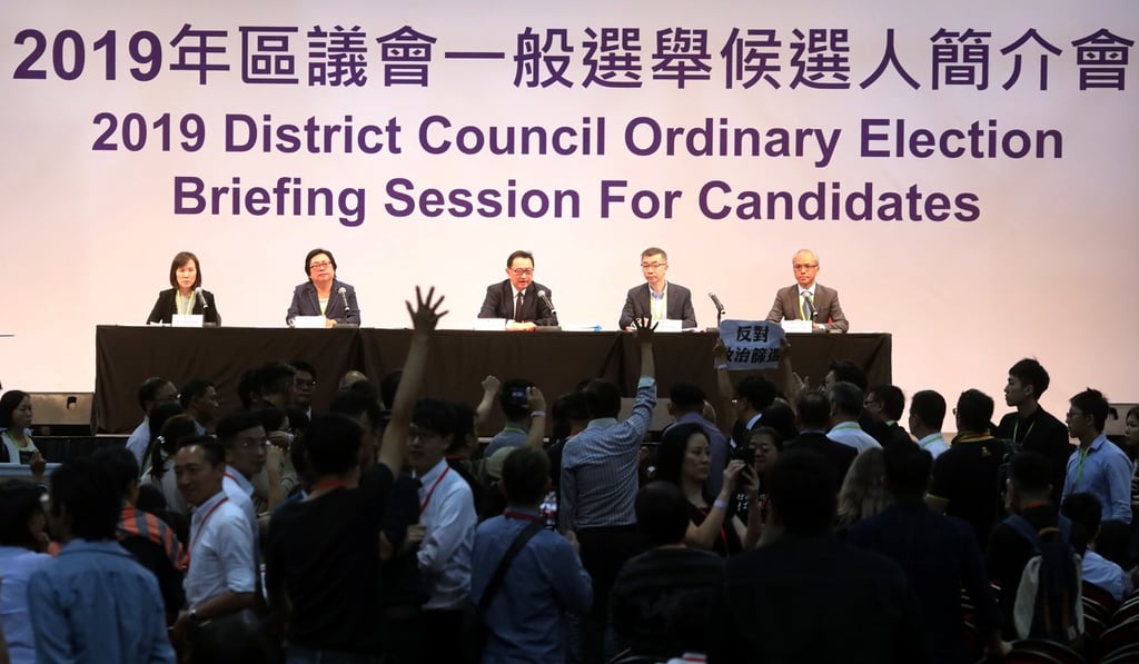 Officials take part in a briefing session for the 2019 District Council Elections, at AsiaWorld-Expo on October 24. Photo: K.Y. Cheng