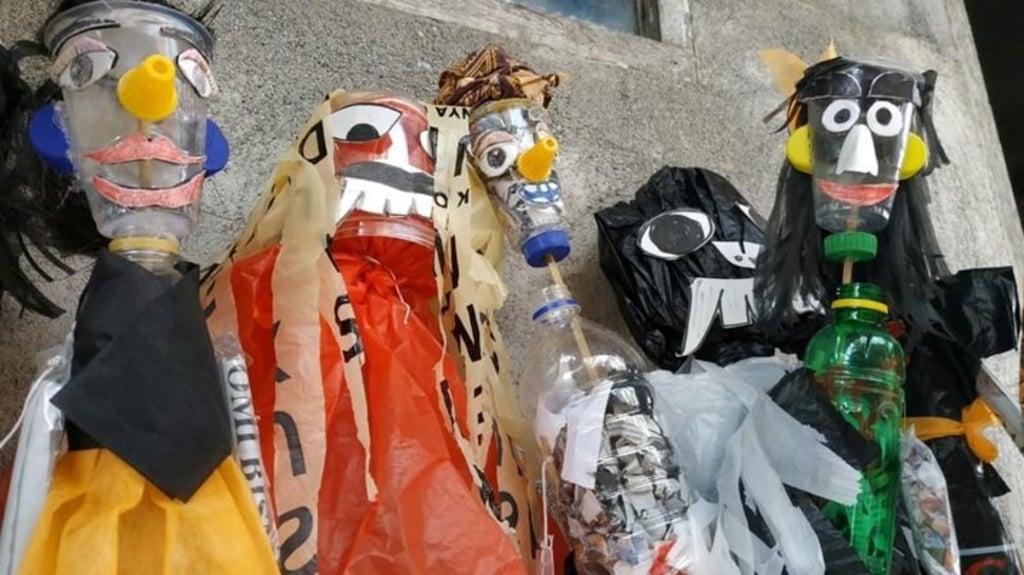 A selection of puppets made out of plastic at a primary school in Mataram, Indonesia. Photo: Sasak Puppeteer School